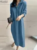 Robes décontractées Automne Mode Revers Cou À Manches Longues Denim Bleu Robe Femmes Robe D'été 2024 ZANZEA Vintage Chemise Lâche Robe Robe Femme