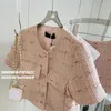 Conjuntos de shorts 2 peças das mulheres outifits o pescoço rosa tweed jaqueta femme colheita cardigan topos casaco coreano curto calça terno 240226