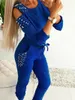 Tracksuit Women Two Piece Set Beading Decor Cold Shoulder Long Sleeve Top Jogger Pants Suit Female Casual Lounge Wear Outfits 240227