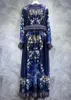 Casual Dresses Sexig V-ringning Lång klänning 2024 Hösten Högkvalitativ kläder Kvinnor Vintage Prints Hylsa Dark Blue Party Maxi Vestidos