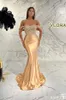 Gorgeous Champange Arabic Dubai Evening Dresses Off-The-Shoulder Mermaid Sequins Prom Dress With Beads Pleated Long Robes de soriee