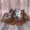 Avondtassen hele bruine koe dames veganistisch leer hobo franje crossbody kwast portemonnee dame vintage kleine handtas schattig For305x