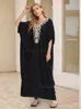 Basic Casual Dresses LORYLEI Black Embroidered Sexy V Neck Batwing Sleeve Kaftan Dress For Women 2024 Summer Classical Lounging Maxi Dresses Q1631 T240227