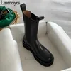 Laarzen Hot Luxe Schoenen Dikke Zool Chelsea Laarzen Vrouwen Platte Platform Mid Kalf Ridderlaarzen Vrouwelijke Casual Motorlaarzen Botas Mujer