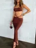 Vestidos casuales básicos Hirigin Mujeres de punto 2 piezas Conjunto de ropa de verano Sexy Tie-up Halter Crop Tops y faldas largas cruzadas Beach Clubwear T240227