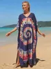 Mulheres Swimwear Kaftan Vestidos Beach Cover Ups Mulheres Bohemian Maxi Robe Impresso Tie Dye Rayon Verão Férias Banheiras Drop