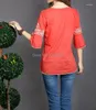 Kvinnor BLOUSES 2024 Women Cotton 3/4 Sleeve Fashion Ethnic Totem Mönster broderade gränsade Ladylike Tops Blus Skjortor