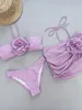 Damenbadebekleidung 3 Stück Lila Weiß Bikini Set Frauen Bandeau Große 3D-Blumen-Designer-Badeanzug 2024 Strand Push-Up-Badeanzug Rock