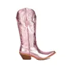 Botas Rosa Ouro Prata Mulheres Western Cowboy Boot Bordado Cunhas De Couro Artificial Baixo Salto Mid Bezerro Outono