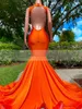 Orange Red Mermaid Long Prom Dresses For Black Girls Pärled Crystals Rhinestone Deep V Neck aftonklänning Formell öppen baksida ärmlösa festklänningar BC15130 0227 Mal Mal