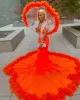 Prom Burnt Orange Dresses Sexy Deep V Neck Sheer Long Sleeves Appliques Beads Evening Mermaid Feather Formal Party Gowns For African Black Girls BC