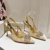 Slingback Stiletto Heel Sandals Rhinestone Lace Mesh Fabric مدببة إصبع القدم مضخات جلدية خفية