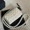 Bolso de hombro con cadena de perlas para mujer, bolso de diseñador de lujo para axila, bolso clásico con entramado de diamantes, bolso para teléfono, billetera, bolso de noche de moda, bolso acolchado, bolso de mano