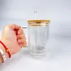 Vidrio de borosilicato alto Venta al por mayor a granel 9 oz 15 oz sublimación en blanco globo de nieve flujo de brillo tazas de vaso de vidrio de doble pared con tapa de bambú y paja, vendidas por caja