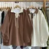 Men's Polos Cotton Tops Autumn Couple Loose Tie Polo Shirt Turndown Collar Long Sleeves Thick Fleece Women's Sweater Pullover