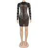 캐주얼 드레스 Idress Exeplor Luxury Evening Dress Solid Diamond Transparent O-Neck Long Sleeve Sexy Club Mini restidos