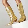 Boots Pink Gold Silver Women Western Cowboy Boot Embroide Artificial Leather Wedges Low Heel Mid Calf Autumn