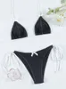 Rinabe Solid Bikinis 2024 Push Up Swimsuit Sexig thong badkläder Kvinnor Ringar Baddräkt Halter spetsar upp bikini set strand slitage 240226