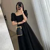 Casual Kleider Schwarz Kleid Frauen Quadrat Kragen Knie-Länge Frau Vestido De Mujer Femme Robe