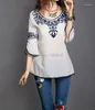 Blouses Femmes 2024 Femmes Coton 3/4 Manches Mode Ethnique Totem Motif Brodé Bordé Ladylike Tops Chemisier Chemises