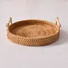 Conjuntos de louça Rattan Bandeja Redonda Banheiro Cesta de Vime Servindo com Alças Boho Hamper Pão