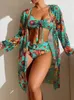 Kvinnors baddräkt Bikini 3 stycken Sexig vadderad bikini -uppsättning med mesh longsleved cover ups brasiliansk strandbaddräkt sommaren 240220