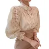 Dames Witte Kanten Blouse Groot formaat Sexy Kanten Basisshirt met Lange Mouwen Top Lente Zomer Korea Elegante Bloemblouse Kantooroutfit 240227