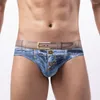 Cuecas homens sexy roupa interior biquinis 3d impresso jeans shorts troncos briefs u convexo elasticidade tanga bikini deslizamento homme