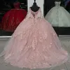 Pink Shiny Princess Ball Gown Quinceanera Dress Beaded Appliques Lace Tull With Cape Party Gowns Vestidos De 15 Anos