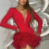 Basic Casual Dresses hirigin Sexy Women Mini Bodycon Dress Mesh Patchwork Feather Trim Long Sleeve Dress Fall Eveing Party Dress vestido feminino T240227