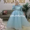 Vestido de noite muçulmano azul feito sob medida com cristal frisado uma linha alta pescoço manga longa midi vestidos de baile dubai abaya turquia vestidos de festa vestidos de noche férias