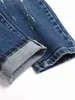 Calças de brim masculinas Y2K Stretchy Denim Jeans Rasgado Skinny Letter Imprimir Cintura Elástica Calças Casuais para Homens Buraco Slim Fit Denim Hip Hop Calças T240227