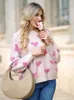 Kvinnors tröjor kvinnor rosa kärlek tryckt lös tröja avslappnad rund hals lång ärm varm pullover toppar höst kvinnlig mode gata tjock
