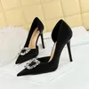 Dress Shoes Women Pumps High Heel Sexy Party Pointed Side Hollow Metal Rhinestone Buckle Silk Fabrics 10.5CM Thin Heels Fashion Girls Ladies