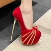 Geklede schoenen 16 cm stiletto rood gouden riem strikplatform hoge hakken klassieke bruiloft damespompen lente ronde neus zwart