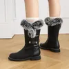 Stiefel Rosa Weiß Schwarz Süße Frauen Dickes Fell Schnee Prinzessin Knoten Niedrige Ferse Seitlicher Reißverschluss Botas Party Schuhe Mädchen Kalb 34-43