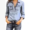 Kadınlar bluzlar Sonbahar Kadınlar Yakel Düğmesi Mavi Uzun Kollu Denim Jean Gömlek Cep İnce Kot Pl -Bluz Artı Beden Blusas Mujer