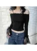 T-shirts Femmes 2024 Dark Off Épaule Mall Gothic Basic T-shirt Y2K Dentelle Patchwork Flare Manches Crop Tops Femme Moulante Volants