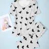 Women's Sleepwear Heart Print Pajamas Set Crew Neck Short Sleeve Top & Elastic Waistband Pants Loungewear