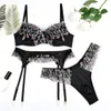 Bh Sets Aduloty Vrouwen Sexy Ondergoed Prachtige Bloem Kant Geborduurde Bh Kousenband String Dunne Mesh Perspectief Lingerie Driedelige Set