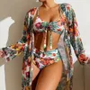 Traje de baño para mujer, Bikini de 3 piezas, conjunto de Bikini acolchado Sexy con malla de manga larga, traje de baño brasileño para playa, verano 240220