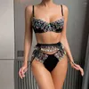 Bh Sets Aduloty Vrouwen Sexy Ondergoed Prachtige Bloem Kant Geborduurde Bh Kousenband String Dunne Mesh Perspectief Lingerie Driedelige Set