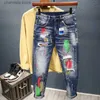 Herrenjeans Herren Graffiti Jeans Mode Sprühfarbe Zerrissenes Loch Persönlichkeit Hip-Hop Streetwear Männliche Kleidung Slim Jugend Denim Hose T240227