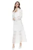Women's Runway Designer Two Piece Dress O Neck Long Sleeves Lace Blouse with Tiered Ruffles Skirt Twinset Sets