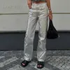 Women's Pants Capris hirigin Women Retro Y2K Metallic Shiny Jeans Casual Solid Color High Waist Straight Leg Denim Pants Disco Club Party Streetwear T240227