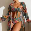 Vrouwen Badpak Bikini 3 Stuks Sexy Gewatteerde Bikini Set Met Mesh Lange Mouwen Cover Ups Braziliaans Strand Badpak Zomer 240220