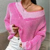 Spring and Autumn V-neck, loose and slim, bat-sleeved sweater, striped contrasting pullover knit top