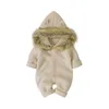 Classique couleur unie à manches longues tricot acrylique moelleux à capuche bébé garçons filles barboteuses doux né Onesie infantile pyjama vêtements 240219