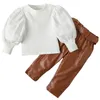 Giyim Setleri 2 Parça Bahar Sonbahar Bebek Kız Butik Kıyafet Kore Kıyafet Seti Moda Katı Uzun Kollu Üstler Pu Pantolon Kids BC1410