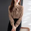 Dames blouses koffie effen kleur vouw chiffon blouse strikkraag elegant overhemd voor dames Koreaanse stijl 2024 lente zomer casual